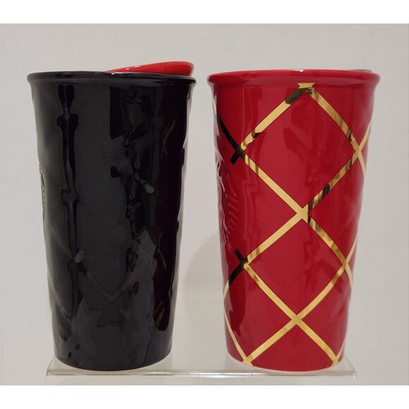 Starbucks Quilted Red Gold & Black Red Ceramic Tumblers Set Of 2 - Picture 3 of 12